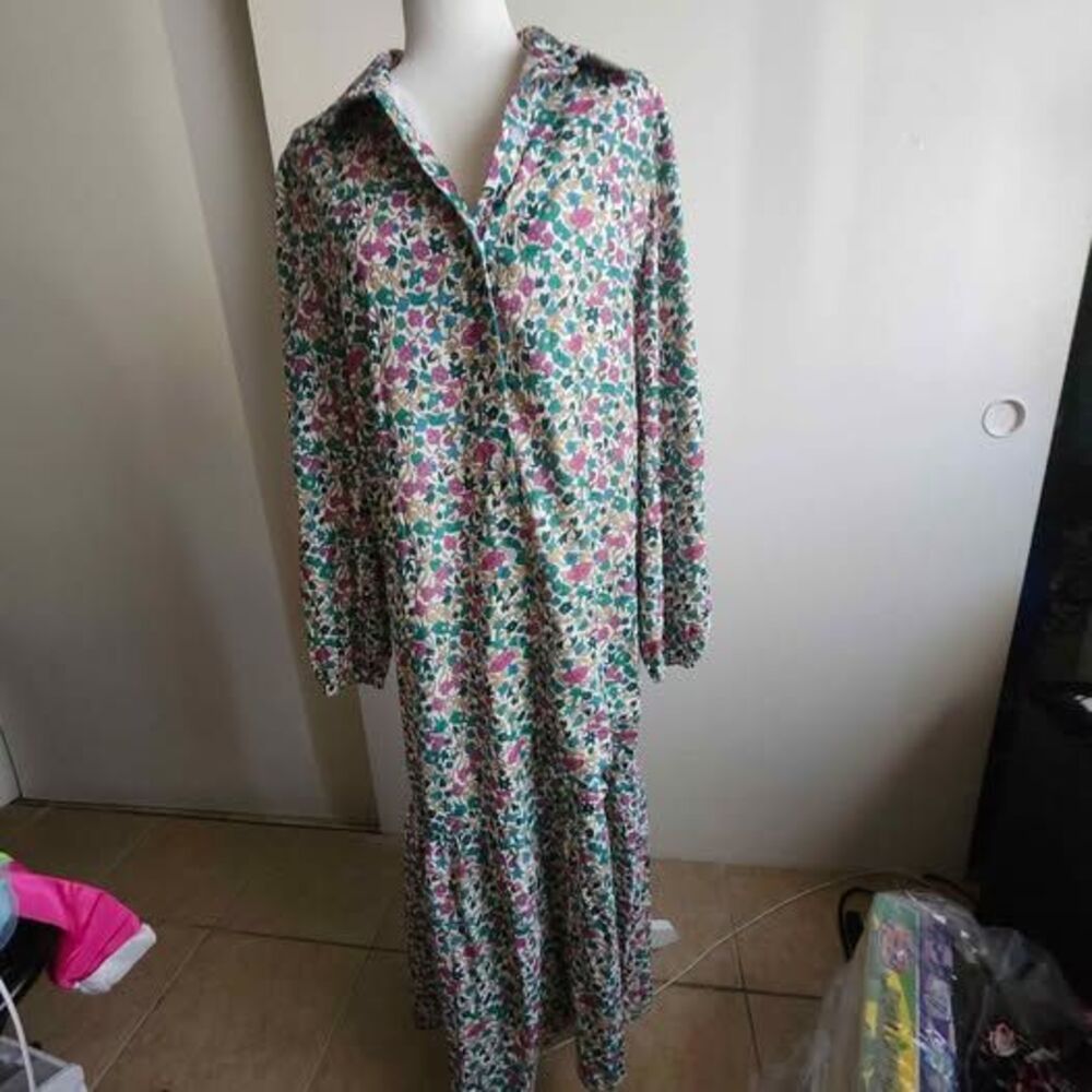 Floral Print Long Sleeve Button up Maxi Shirtdress L